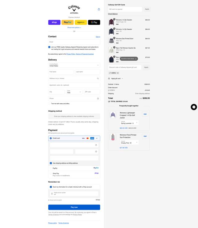 Callaway Apparel checkout page showing Callaway Apparel discount code box | Screenshot taken by SimplyCodes community member on Sep 12, 2025