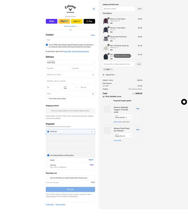 Callaway Apparel checkout page showing Callaway Apparel discount code box | Screenshot taken by SimplyCodes community member on Sep 12, 2025