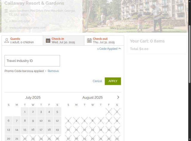 Callaway Gardens checkout page showing Callaway Gardens promo code box | Screenshot taken by SimplyCodes community member on Jul 22, 2025