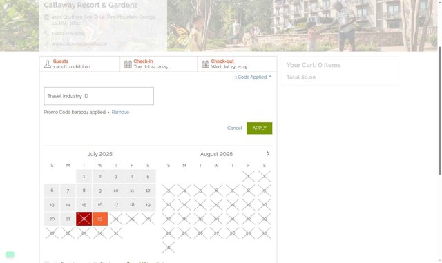 Callaway Gardens checkout page showing Callaway Gardens promo code box | Screenshot taken by SimplyCodes community member on Jul 22, 2025