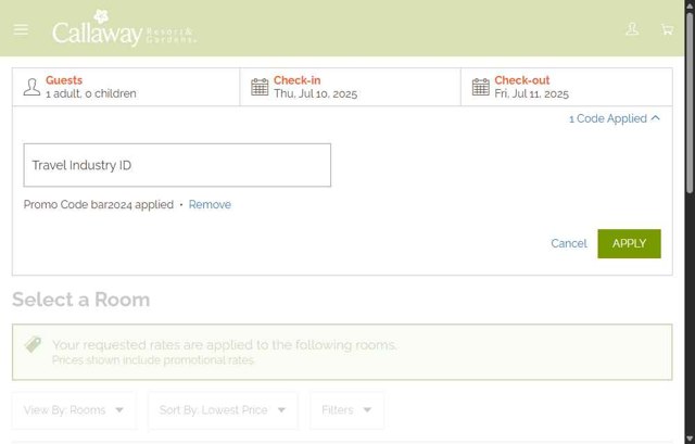 Callaway Gardens checkout page showing Callaway Gardens promo code box | Screenshot taken by SimplyCodes community member on Jul 10, 2025