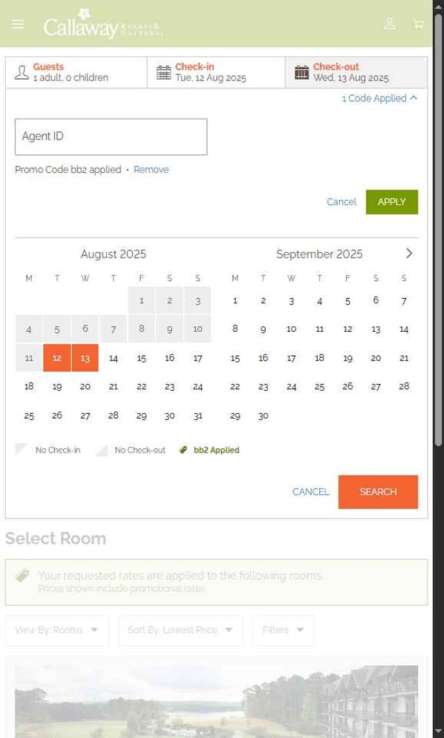 Callaway Gardens checkout page showing Callaway Gardens promo code box | Screenshot taken by SimplyCodes community member on Aug 12, 2025