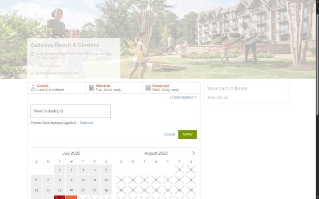 Callaway Gardens checkout page showing Callaway Gardens promo code box | Screenshot taken by SimplyCodes community member on Jul 22, 2025