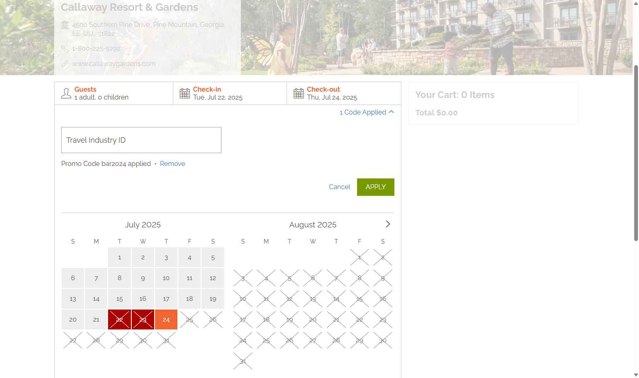 Callaway Gardens checkout page showing Callaway Gardens promo code box | Screenshot taken by SimplyCodes community member on Jul 22, 2025