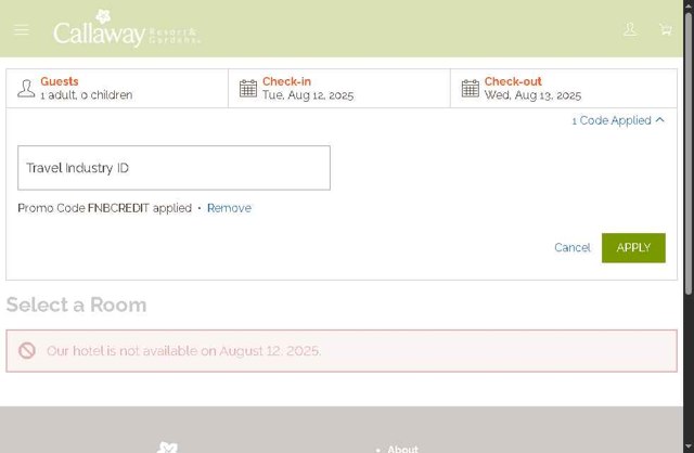Callaway Gardens checkout page showing Callaway Gardens promo code box | Screenshot taken by SimplyCodes community member on Aug 12, 2025