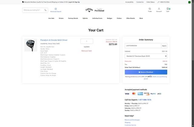 Callaway Golf Preowned UK checkout page showing Callaway Golf Preowned UK promo code box | Screenshot taken by SimplyCodes community member on Jun 7, 2025