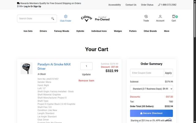 Callaway Golf Preowned UK checkout page showing Callaway Golf Preowned UK promo code box | Screenshot taken by SimplyCodes community member on Jun 7, 2025