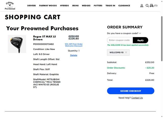 Callaway Golf Preowned UK checkout page showing Callaway Golf Preowned UK promo code box | Screenshot taken by SimplyCodes community member on Jun 10, 2025