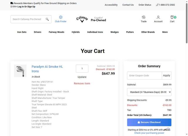 Callaway Golf Preowned UK checkout page showing Callaway Golf Preowned UK promo code box | Screenshot taken by SimplyCodes community member on Jun 7, 2025