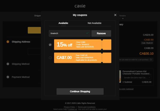 Callie US checkout page showing Callie US promo code box | Screenshot taken by SimplyCodes community member on Aug 27, 2025