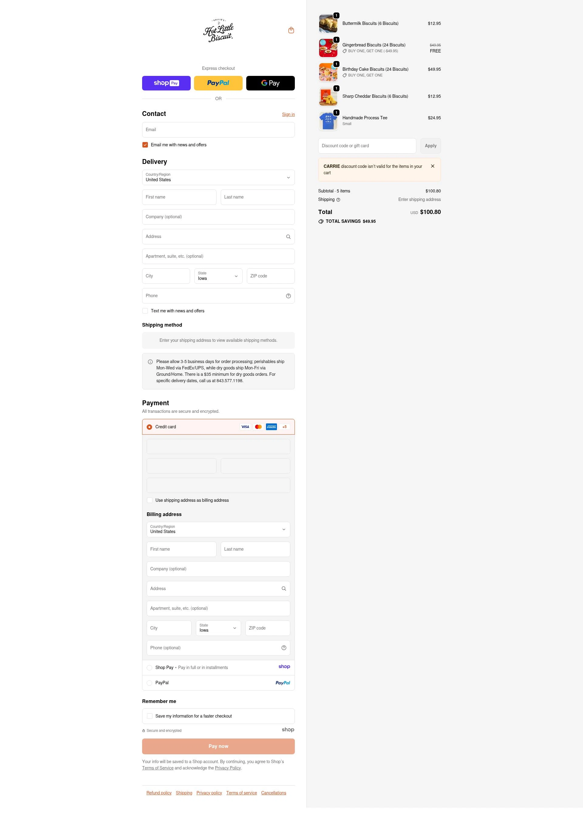 Callie's Biscuit checkout page showing Callie's Biscuit promo code box | Screenshot taken by SimplyCodes community member on Jan 10, 2026
