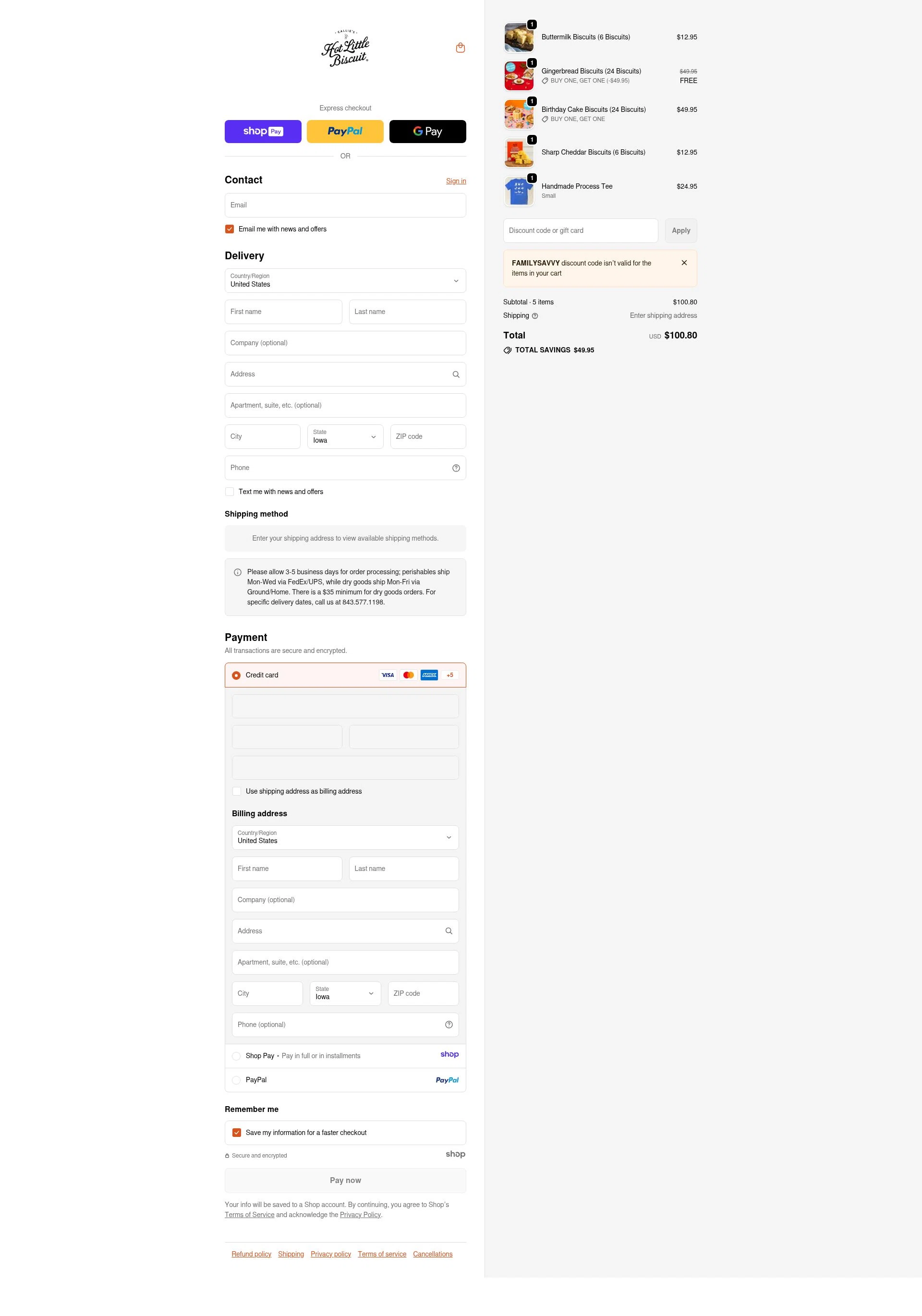 Callie's Biscuit checkout page showing Callie's Biscuit promo code box | Screenshot taken by SimplyCodes community member on Jan 10, 2026