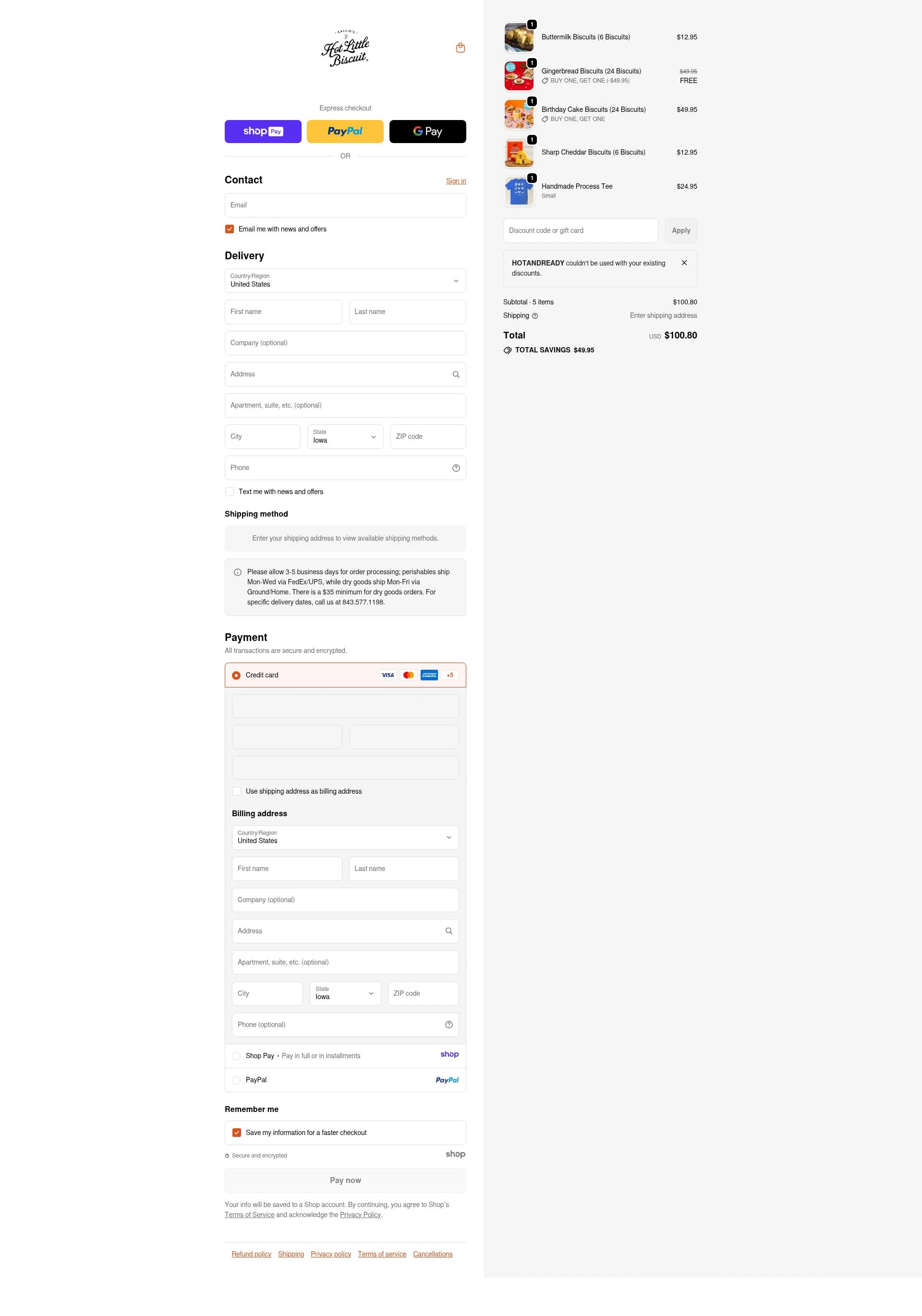 Callie's Biscuit checkout page showing Callie's Biscuit promo code box | Screenshot taken by SimplyCodes community member on Jan 10, 2026
