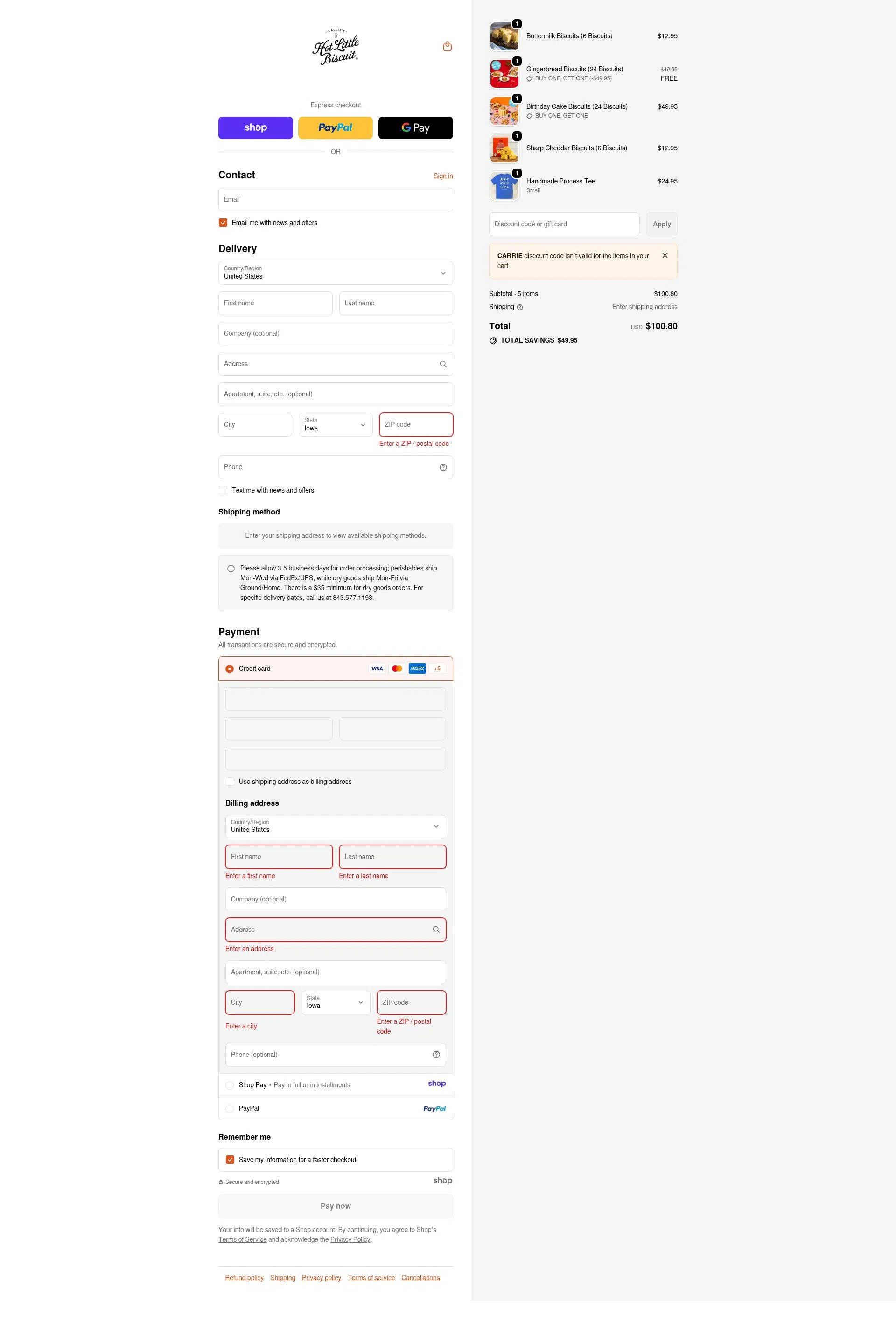 Callie's Biscuit checkout page showing Callie's Biscuit promo code box | Screenshot taken by SimplyCodes community member on Jan 5, 2026