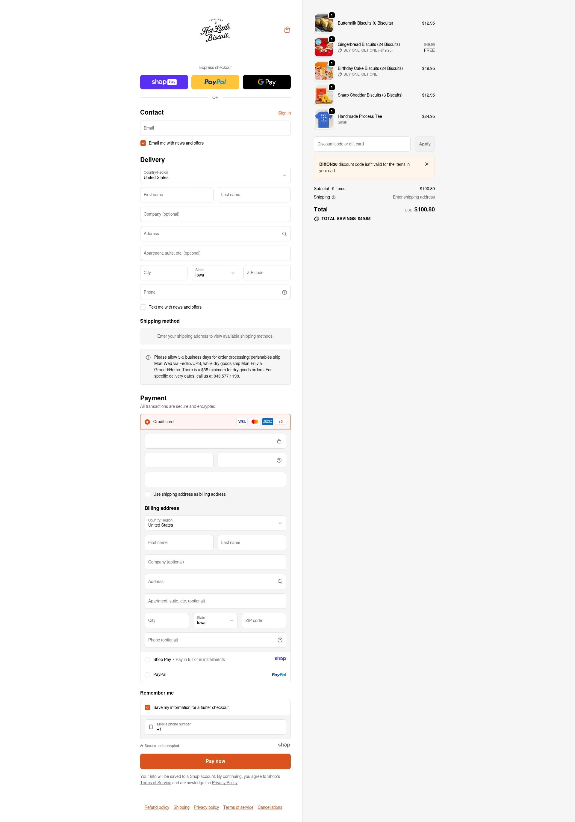 Callie's Biscuit checkout page showing Callie's Biscuit promo code box | Screenshot taken by SimplyCodes community member on Jan 10, 2026