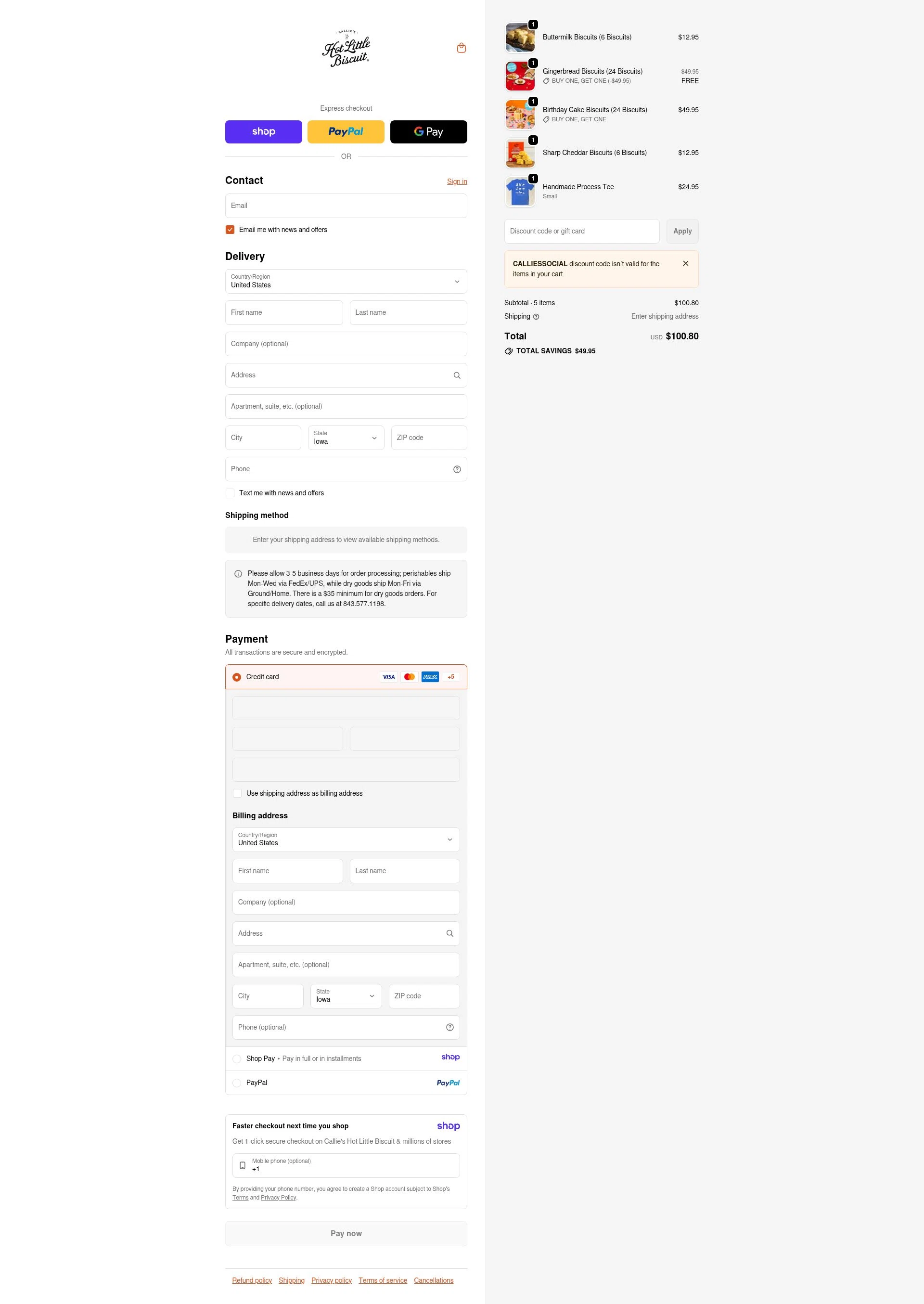 Callie's Biscuit checkout page showing Callie's Biscuit promo code box | Screenshot taken by SimplyCodes community member on Jan 10, 2026