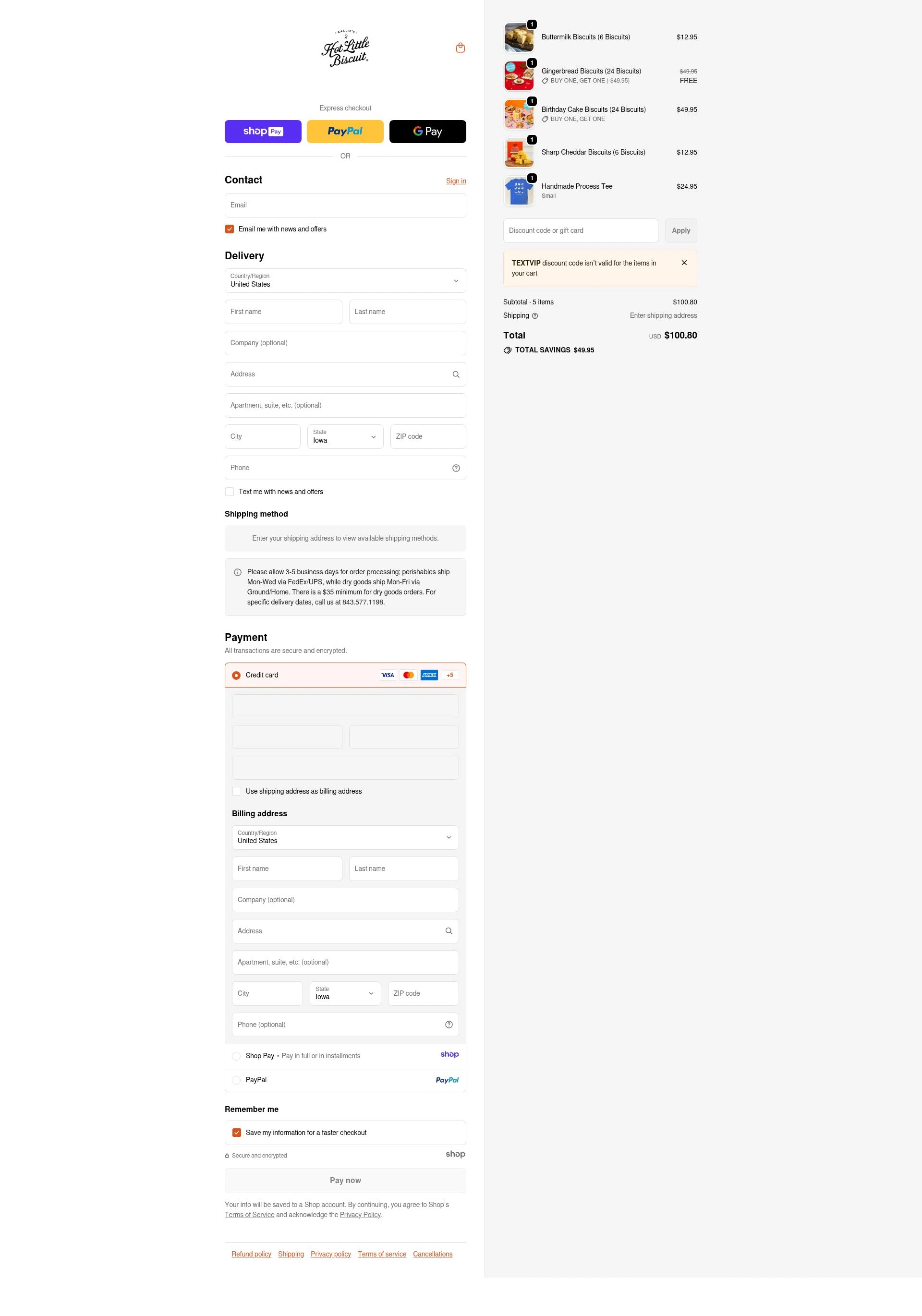 Callie's Biscuit checkout page showing Callie's Biscuit promo code box | Screenshot taken by SimplyCodes community member on Jan 10, 2026