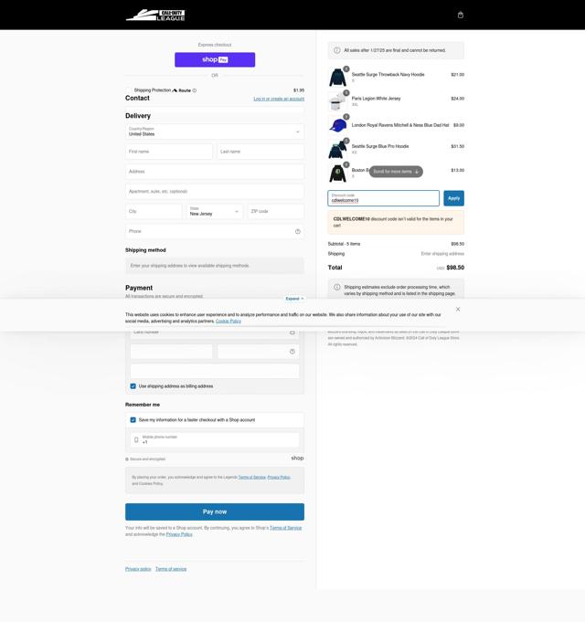 Call of Duty League Shop checkout page showing Call of Duty League Shop promo code box | Screenshot taken by SimplyCodes community member on Feb 15, 2025
