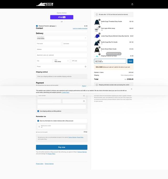 Call of Duty League Shop checkout page showing Call of Duty League Shop promo code box | Screenshot taken by SimplyCodes community member on Feb 15, 2025