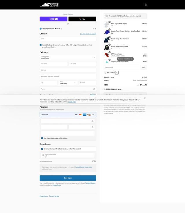 Call of Duty League Shop checkout page showing Call of Duty League Shop promo code box | Screenshot taken by SimplyCodes community member on Feb 7, 2025