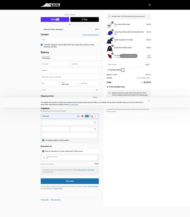 Call of Duty League Shop checkout page showing Call of Duty League Shop promo code box | Screenshot taken by SimplyCodes community member on Feb 11, 2025