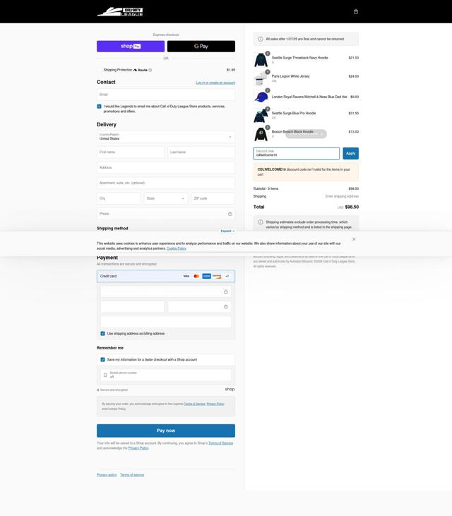 Call of Duty League Shop checkout page showing Call of Duty League Shop promo code box | Screenshot taken by SimplyCodes community member on Feb 20, 2025