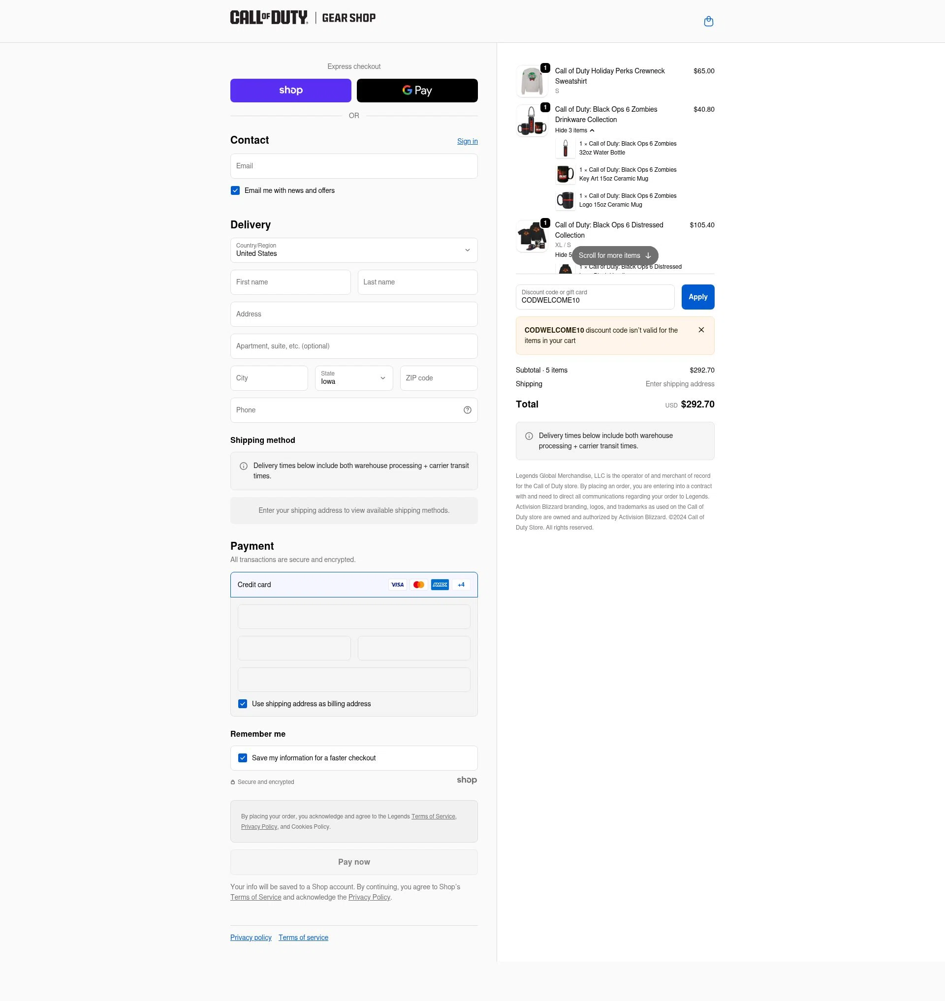 Call of Duty Store checkout page showing Call of Duty Store discount code box | Screenshot taken by SimplyCodes community member on Dec 16, 2025