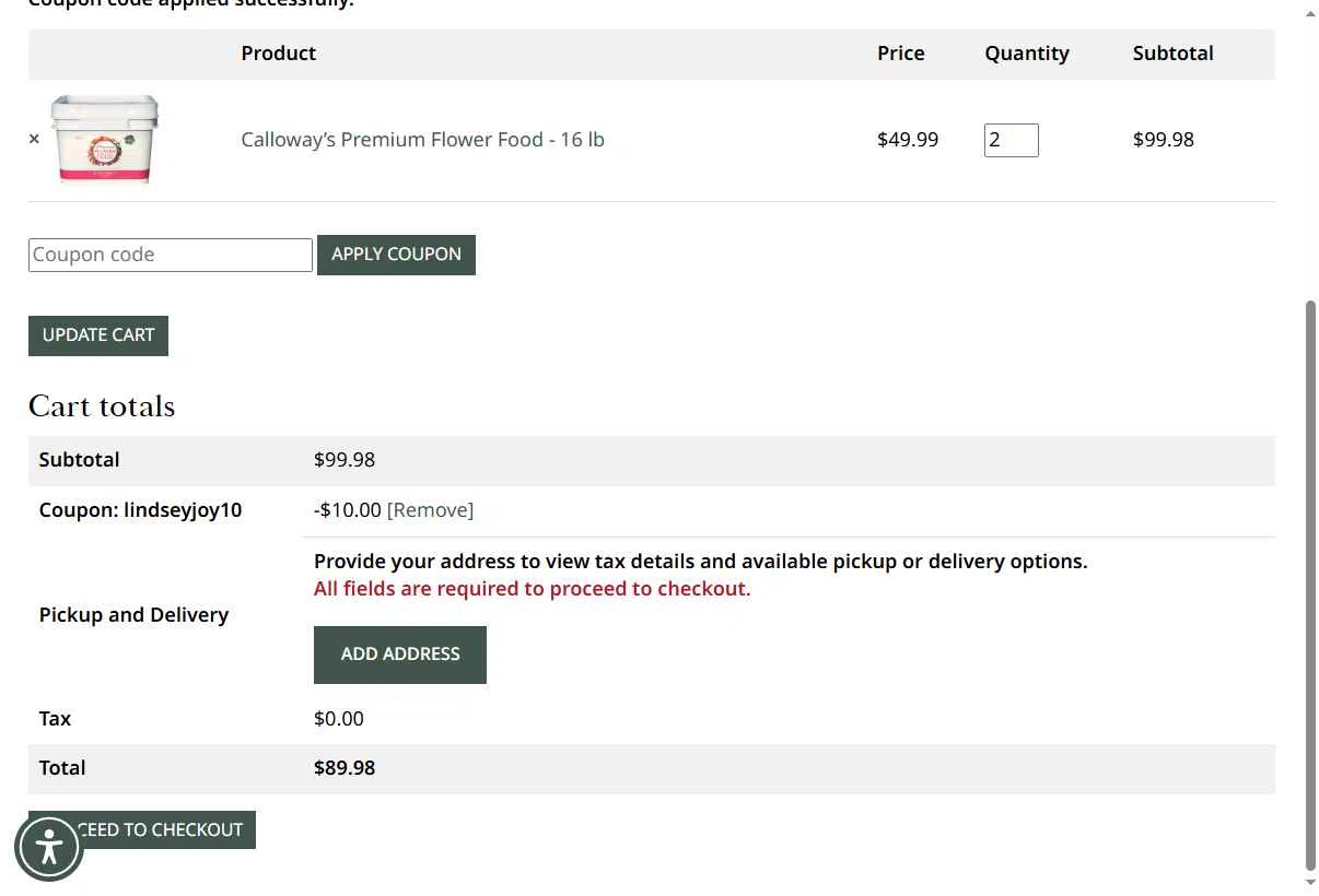 Calloway's Nursery checkout page showing Calloway's Nursery promo code box | Screenshot taken by SimplyCodes community member on Oct 10, 2025
