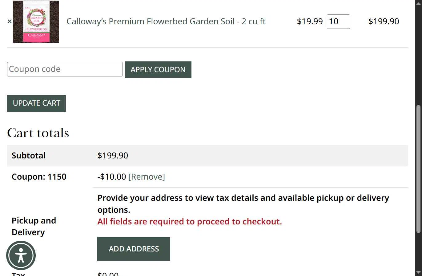Calloway's Nursery checkout page showing Calloway's Nursery promo code box | Screenshot taken by SimplyCodes community member on Dec 17, 2025