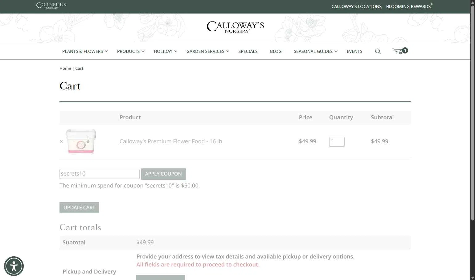 Calloway's Nursery checkout page showing Calloway's Nursery promo code box | Screenshot taken by SimplyCodes community member on Oct 23, 2025