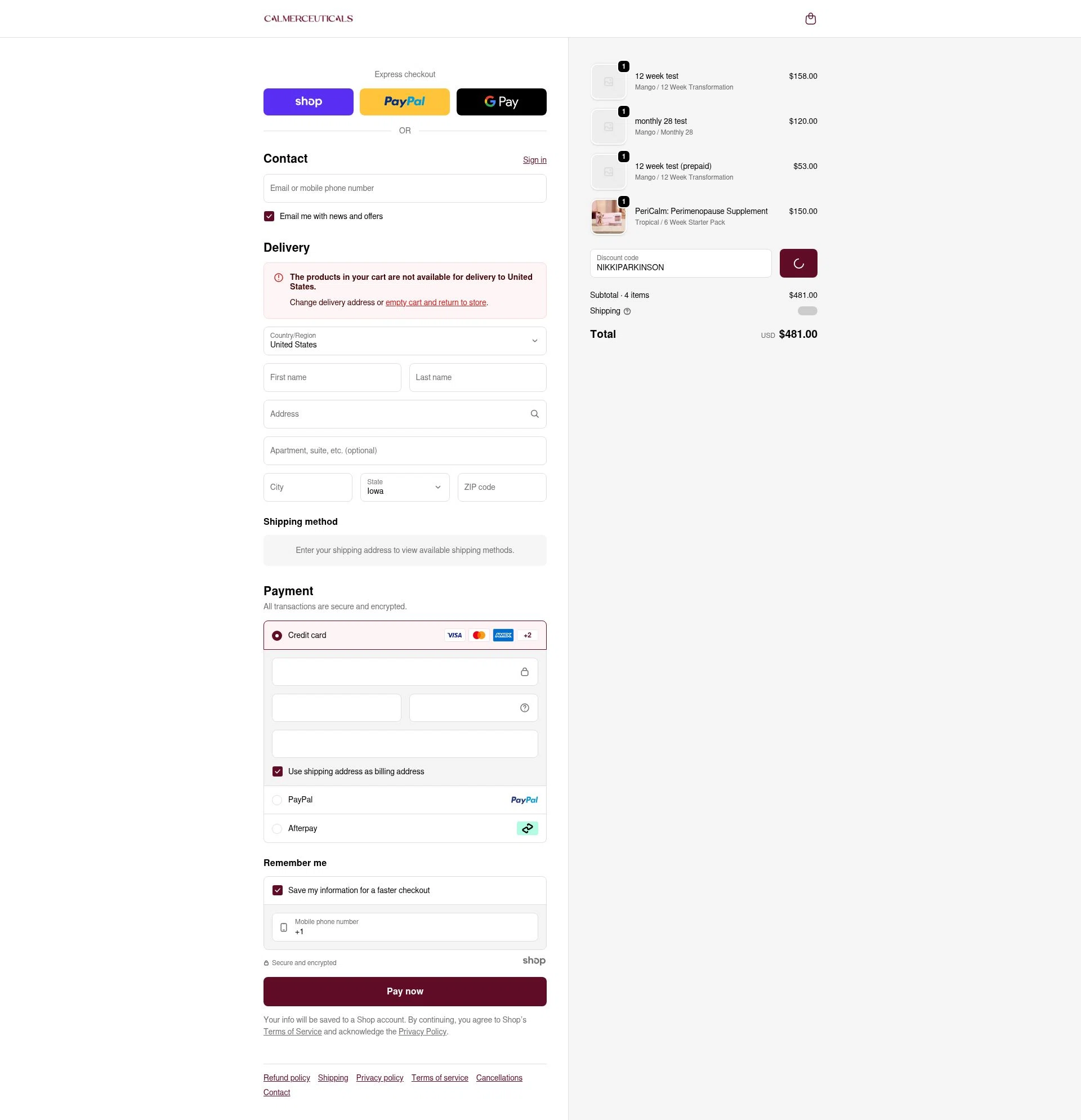 Calmerceuticals checkout page showing Calmerceuticals promo code box | Screenshot taken by SimplyCodes community member on Jan 1, 2026