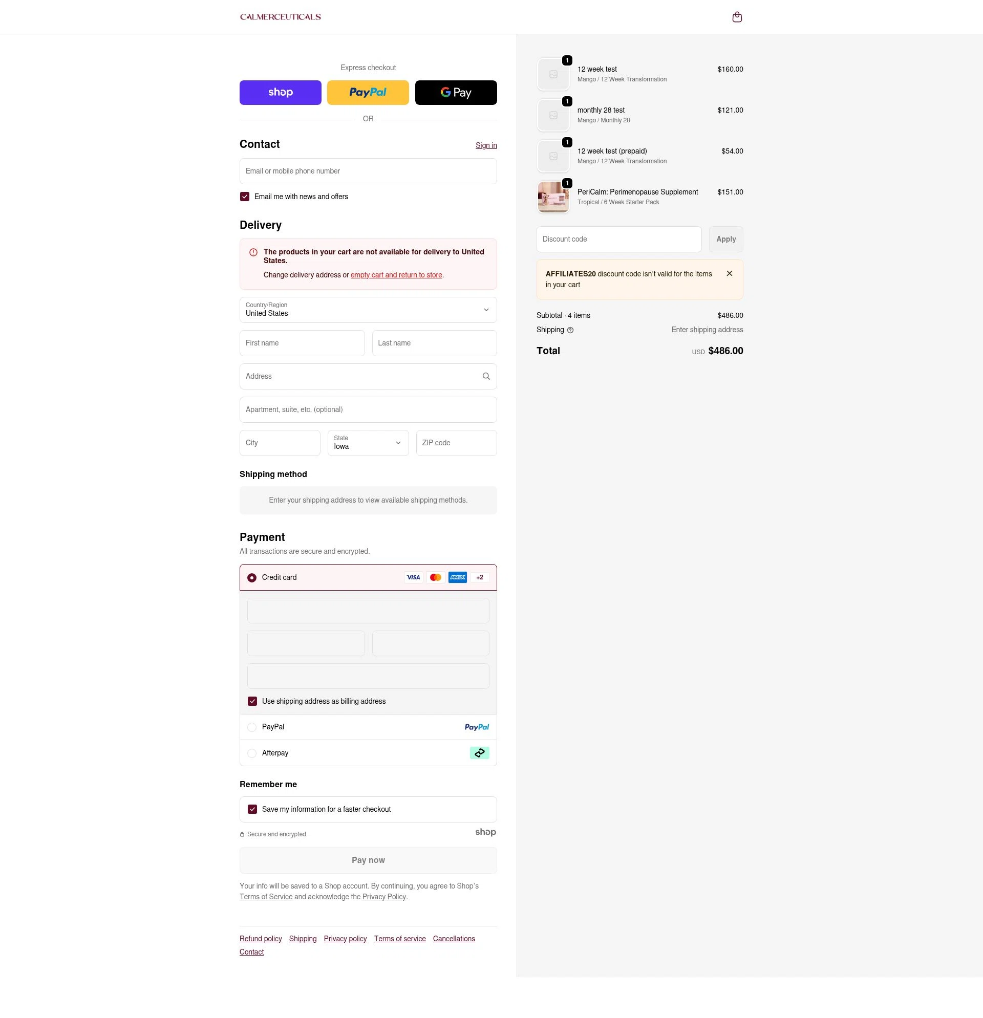Calmerceuticals checkout page showing Calmerceuticals promo code box | Screenshot taken by SimplyCodes community member on Jan 6, 2026