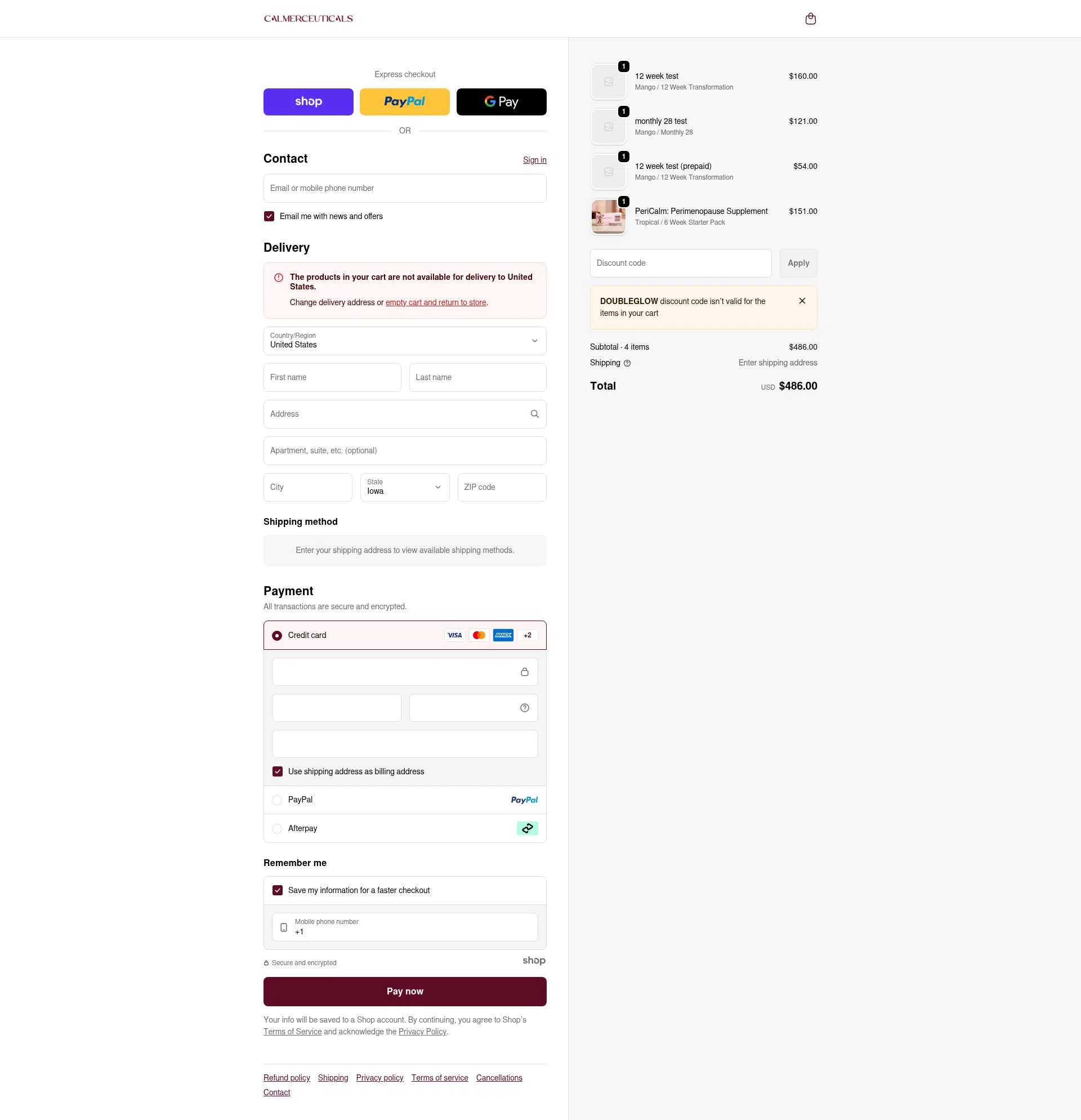 Calmerceuticals checkout page showing Calmerceuticals promo code box | Screenshot taken by SimplyCodes community member on Jan 6, 2026