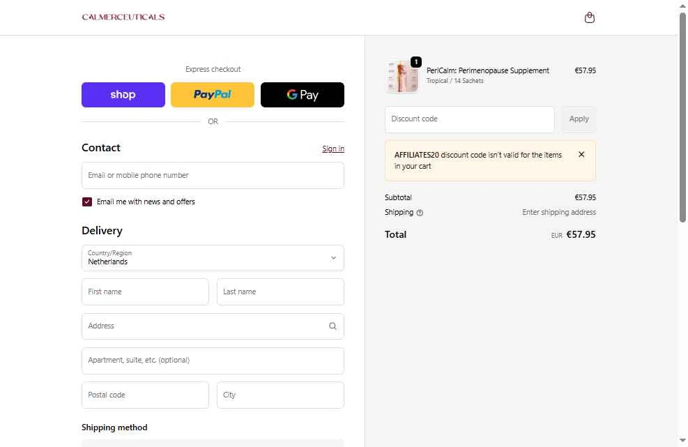 Calmerceuticals checkout page showing Calmerceuticals promo code box | Screenshot taken by SimplyCodes community member on Jan 6, 2026