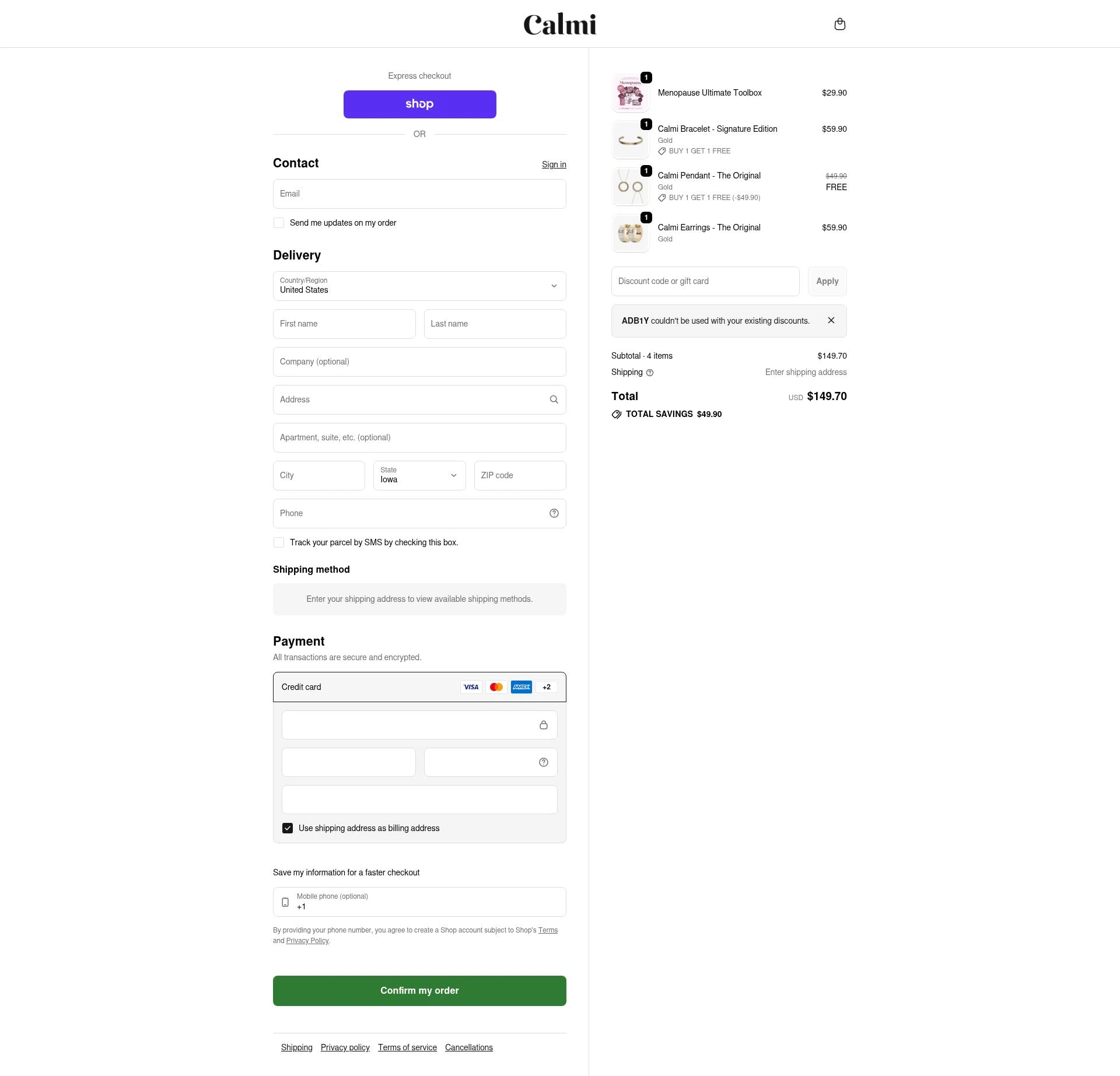 Calmi checkout page showing Calmi discount code box | Screenshot taken by SimplyCodes community member on Feb 18, 2026