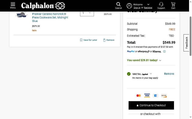 Calphalon checkout page showing Calphalon coupon code box | Screenshot taken by SimplyCodes community member on Jun 19, 2025