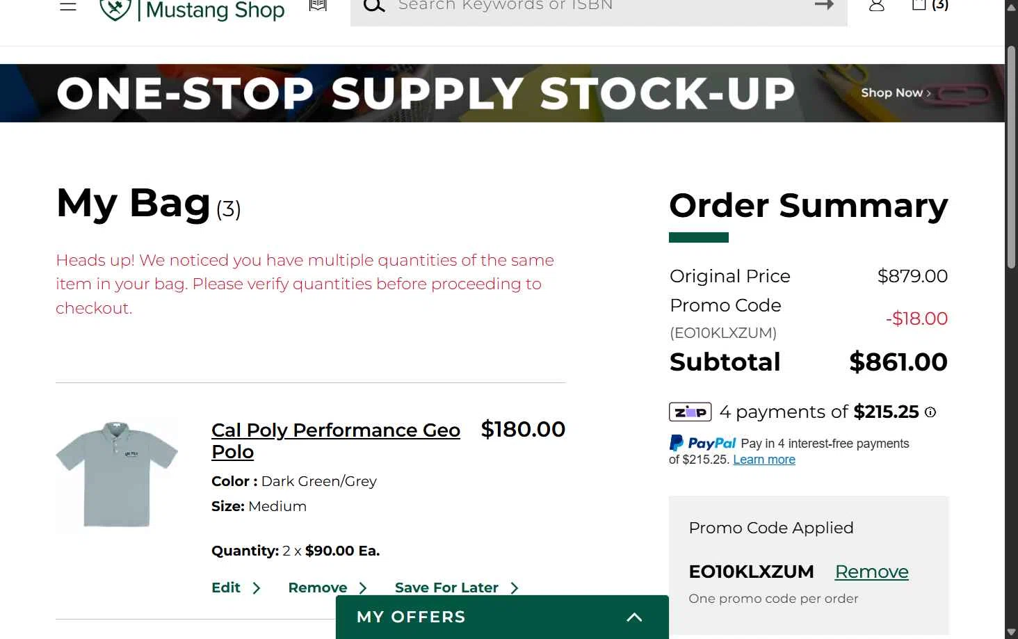 Cal Poly Mustangs checkout page showing Cal Poly Mustangs promo code box | Screenshot taken by SimplyCodes community member on Feb 8, 2026