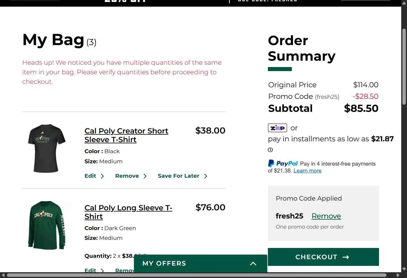 Cal Poly Mustangs checkout page showing Cal Poly Mustangs promo code box | Screenshot taken by SimplyCodes community member on Jan 20, 2026