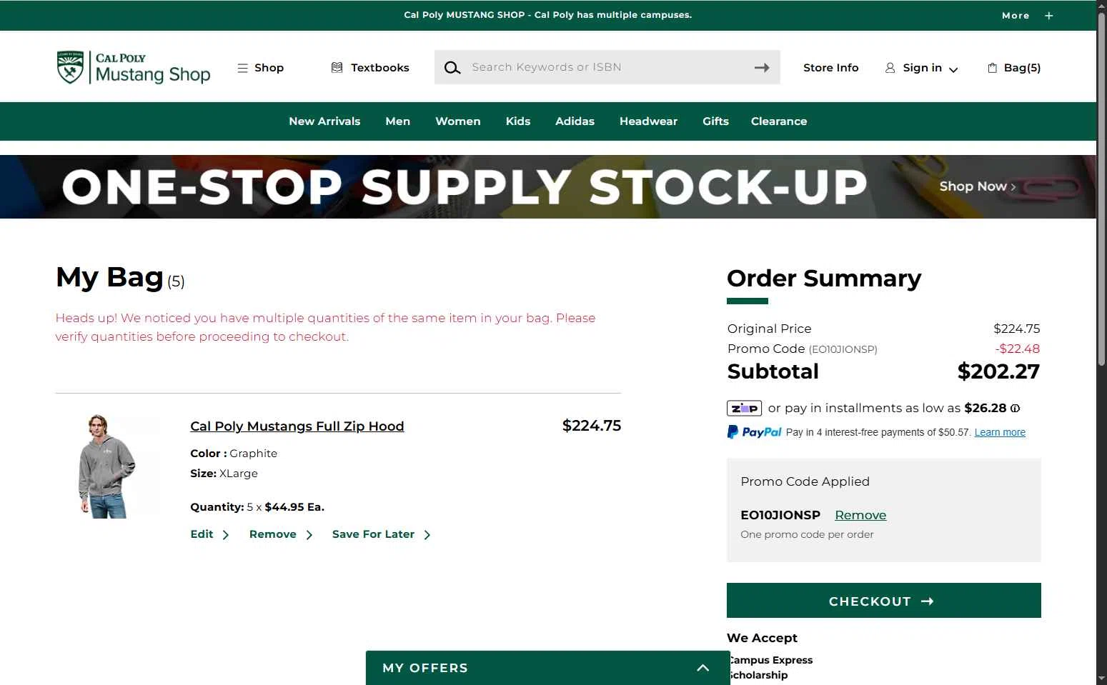 Cal Poly Mustangs checkout page showing Cal Poly Mustangs promo code box | Screenshot taken by SimplyCodes community member on Feb 5, 2026