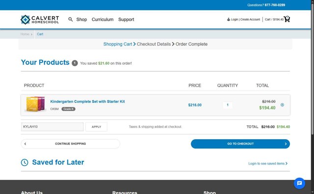 Calvert Homeschool checkout page showing Calvert Homeschool promo code box | Screenshot taken by SimplyCodes community member on Jul 2, 2025
