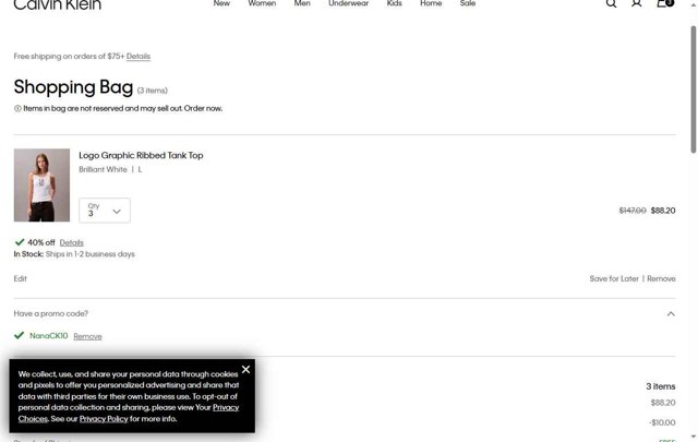 Calvin Klein US checkout page showing Calvin Klein US promo code box | Screenshot taken by SimplyCodes community member on Aug 12, 2025