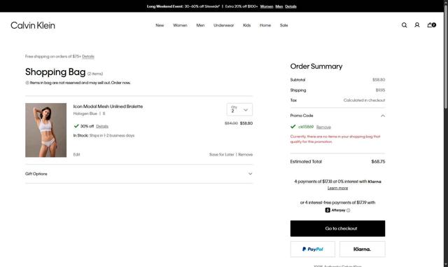 Calvin Klein US checkout page showing Calvin Klein US promo code box | Screenshot taken by SimplyCodes community member on May 22, 2025