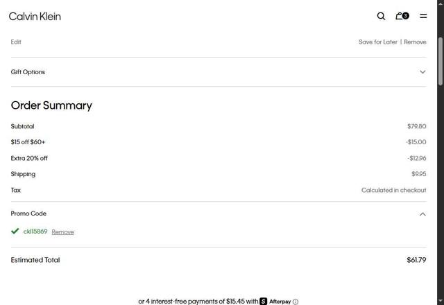 Calvin Klein US checkout page showing Calvin Klein US promo code box | Screenshot taken by SimplyCodes community member on May 14, 2025
