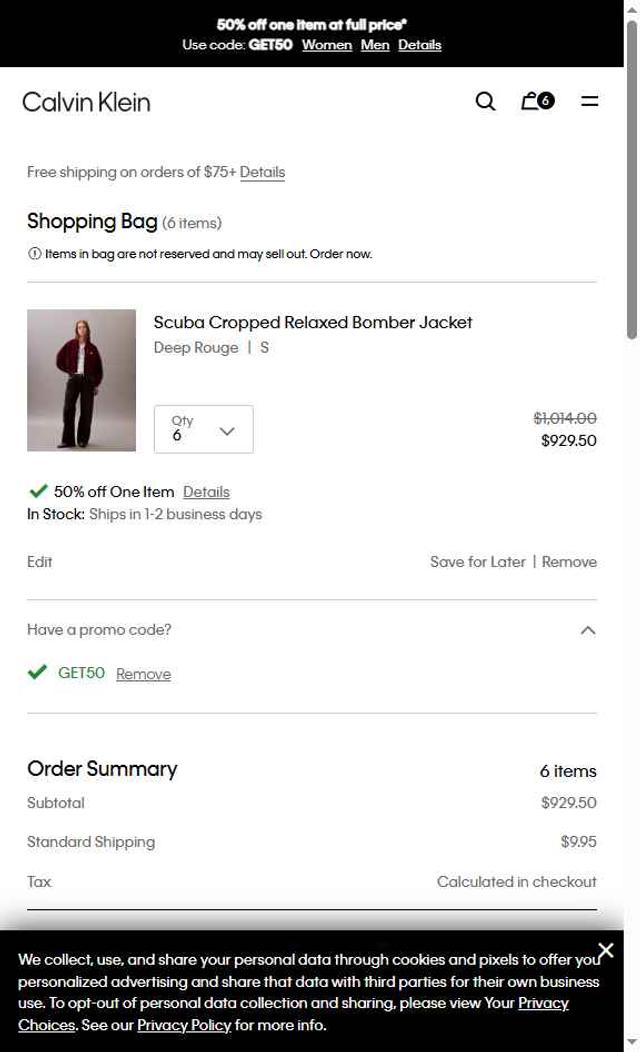 Calvin Klein US checkout page showing Calvin Klein US promo code box | Screenshot taken by SimplyCodes community member on Aug 12, 2025