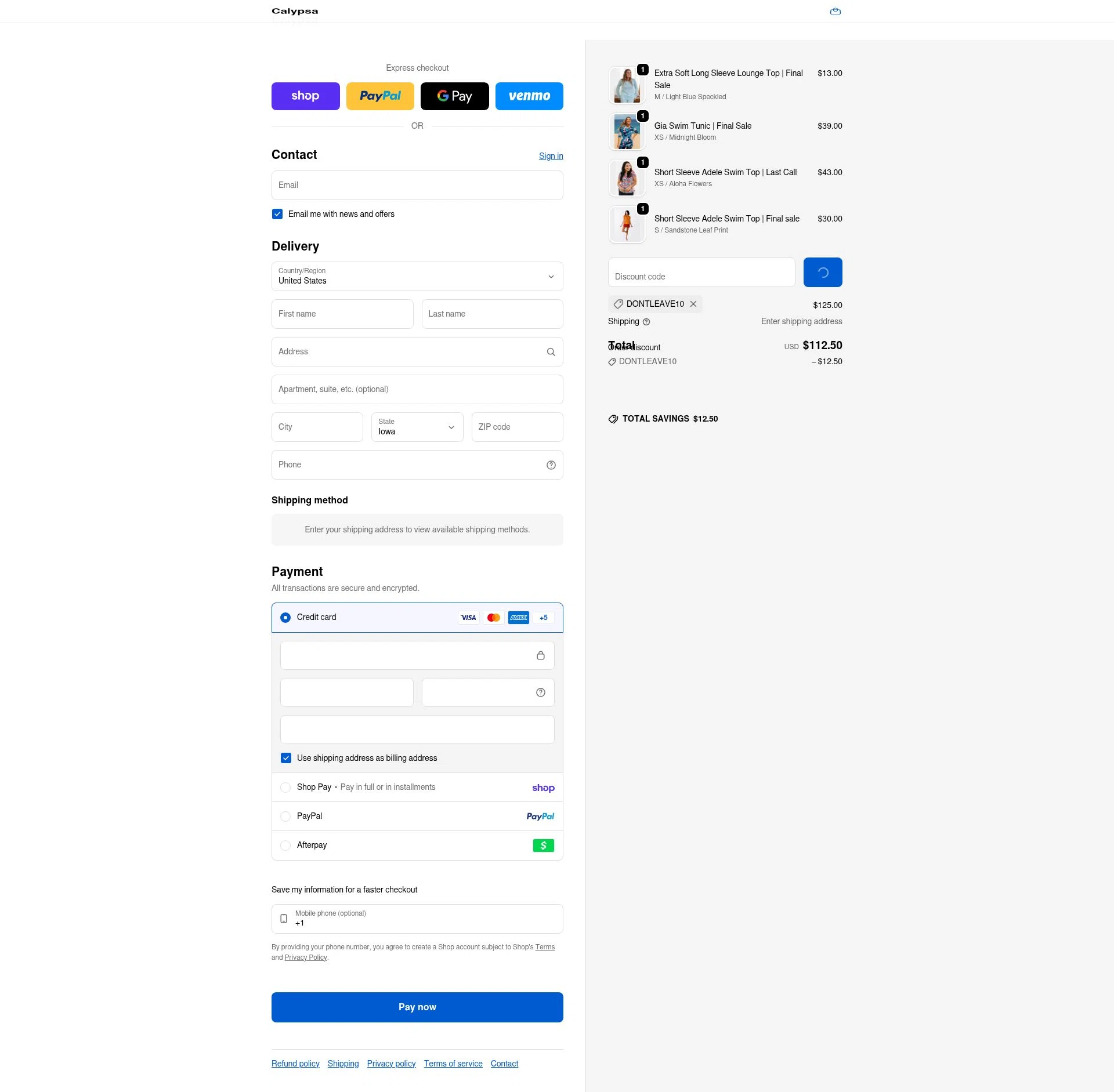 Calypsa checkout page showing Calypsa promo code box | Screenshot taken by SimplyCodes community member on Feb 19, 2026
