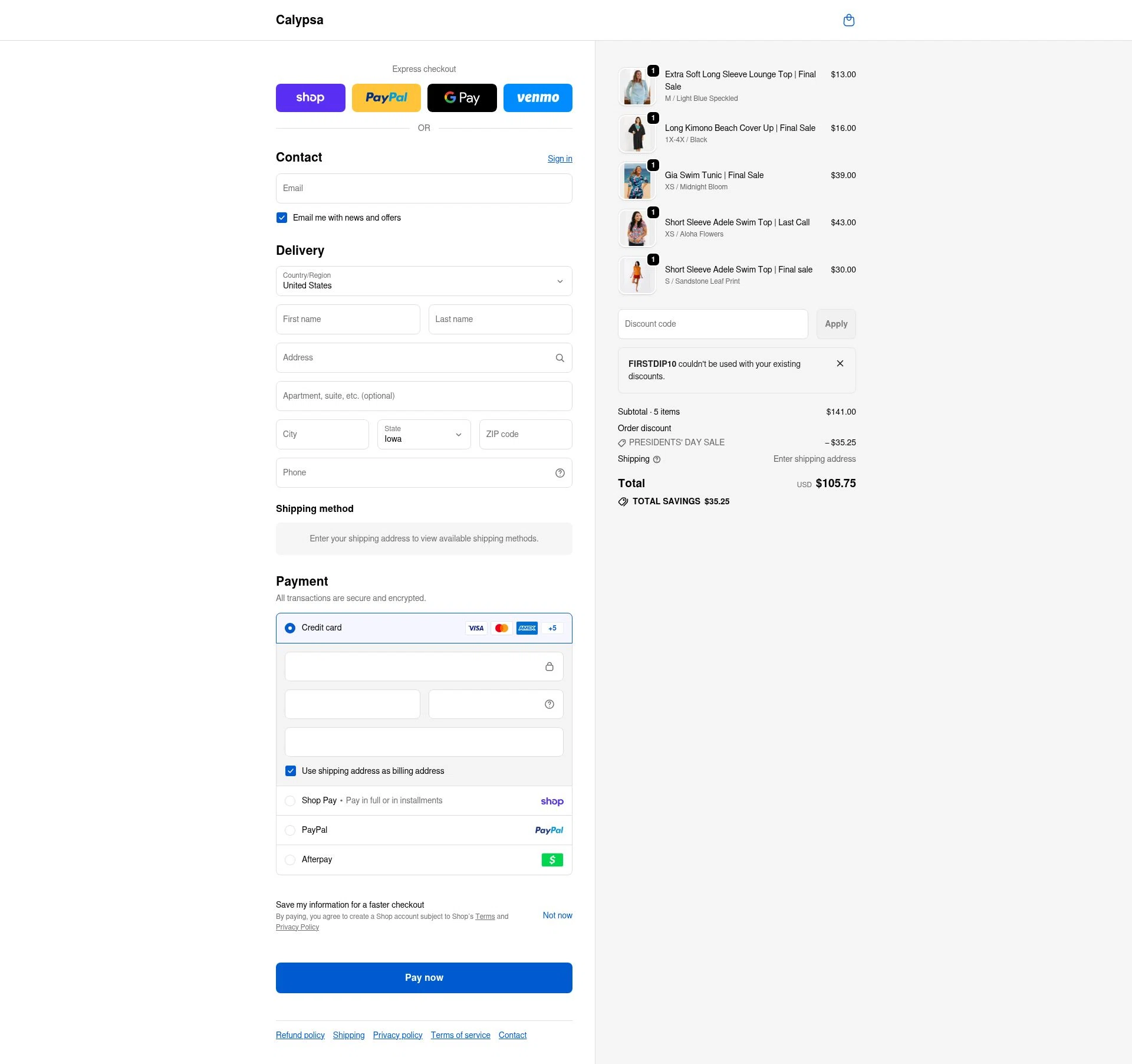 Calypsa checkout page showing Calypsa promo code box | Screenshot taken by SimplyCodes community member on Feb 14, 2026