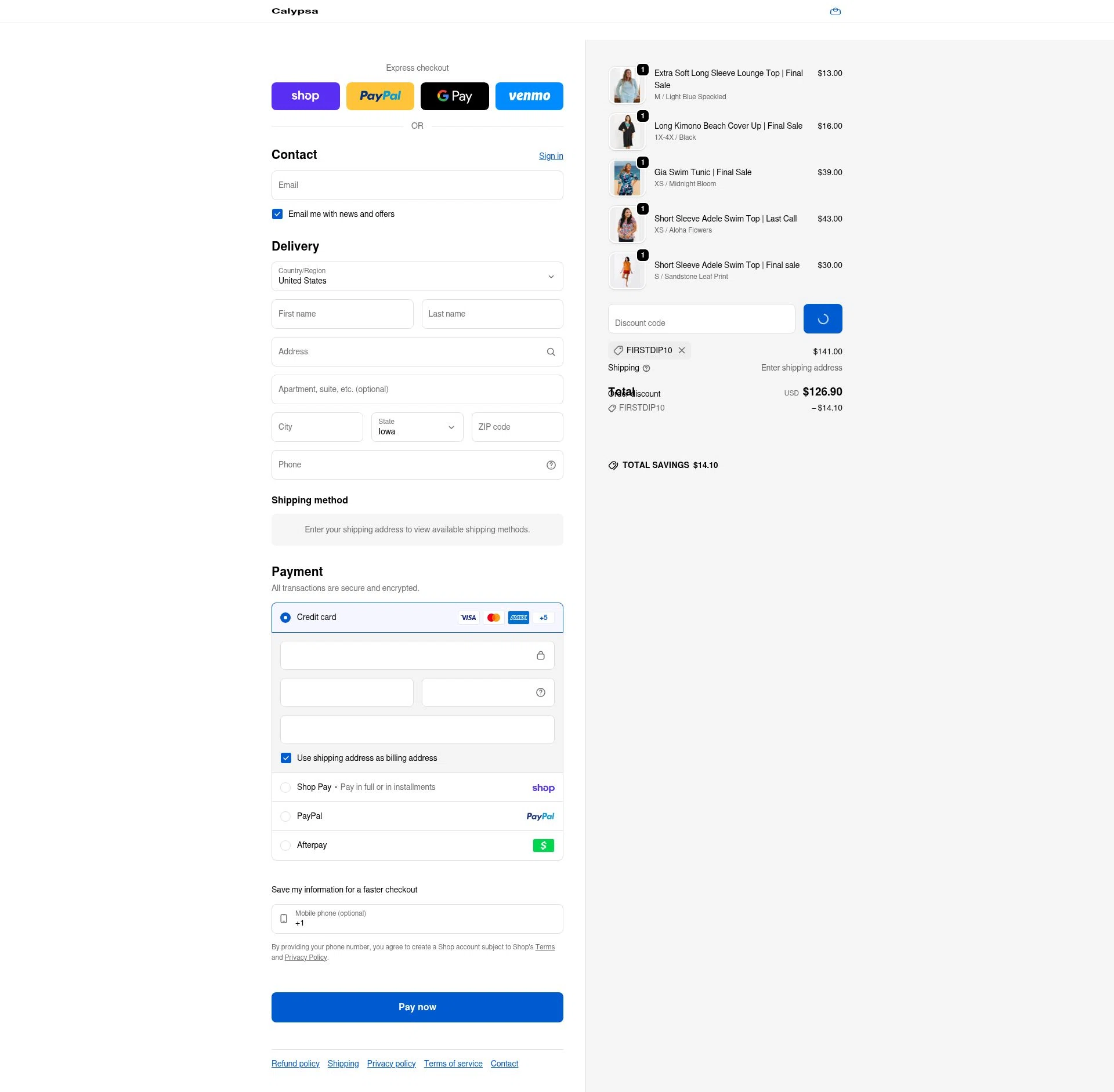 Calypsa checkout page showing Calypsa promo code box | Screenshot taken by SimplyCodes community member on Feb 10, 2026