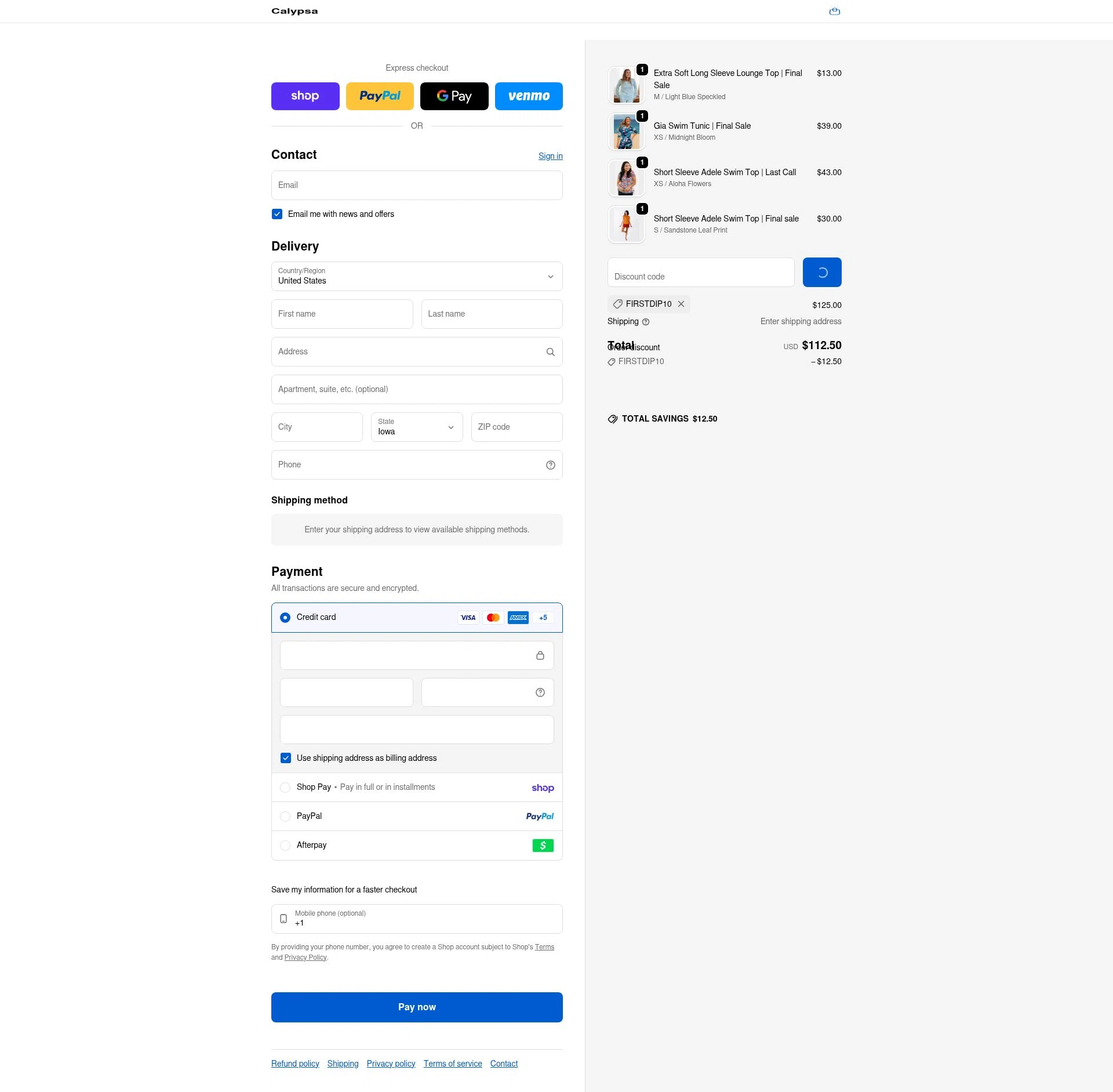 Calypsa checkout page showing Calypsa promo code box | Screenshot taken by SimplyCodes community member on Feb 19, 2026