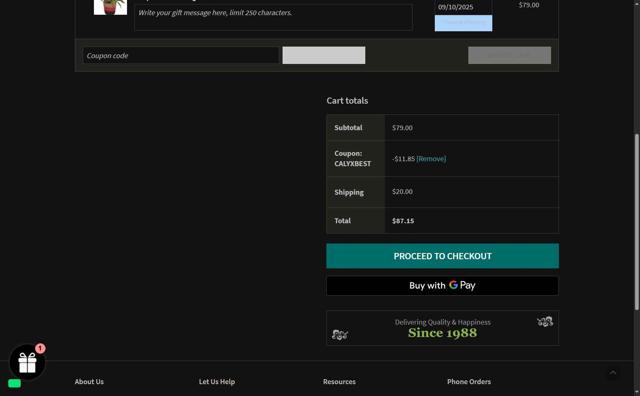 Calyx Flowers checkout page showing Calyx Flowers promo code box | Screenshot taken by SimplyCodes community member on Sep 7, 2025