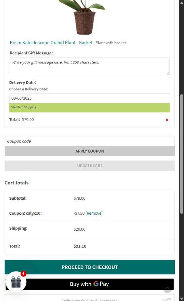 Calyx Flowers checkout page showing Calyx Flowers promo code box | Screenshot taken by SimplyCodes community member on Aug 3, 2025